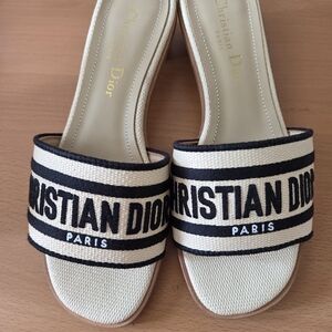 Dior Cream and Black 'Christian Dior' Embroidered Slide Mules